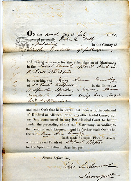 Marriage Licence of Richard Kelly 1841